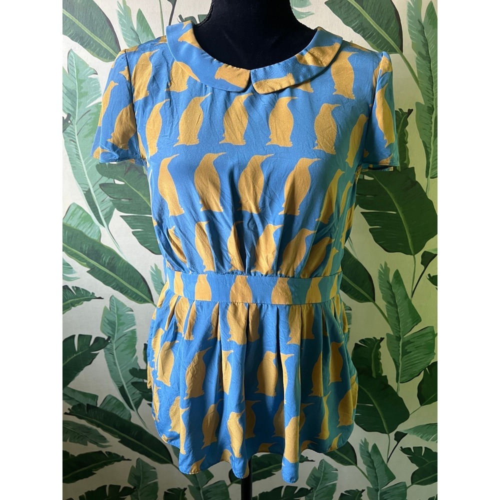 Charlotte Taylor Penguin Print Silk Blouse Womens 8 Blue Yellow